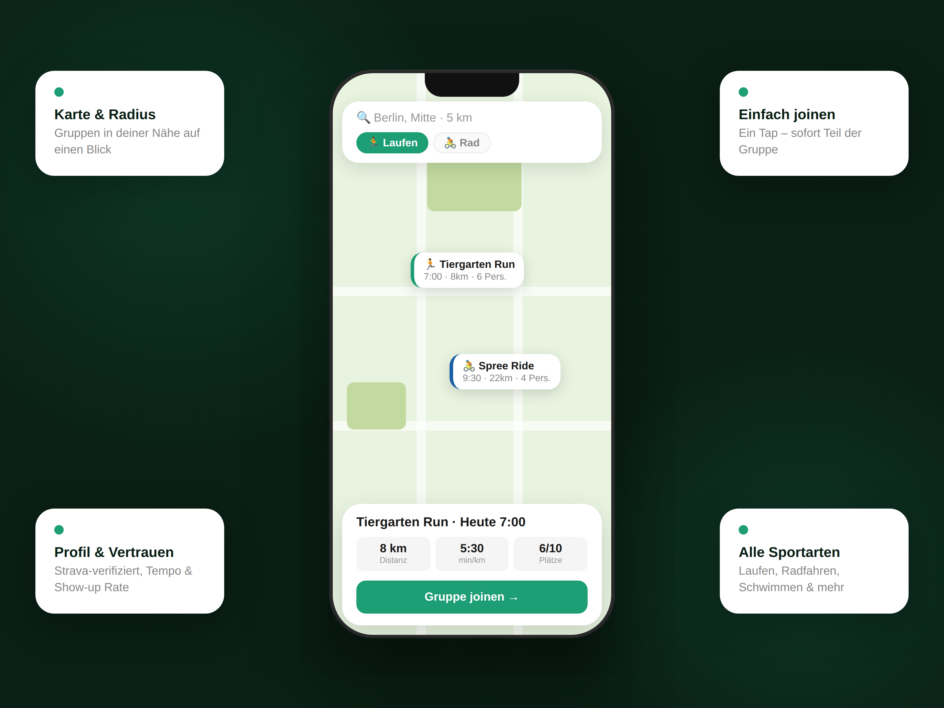 pace together App – Karte mit Sportgruppen